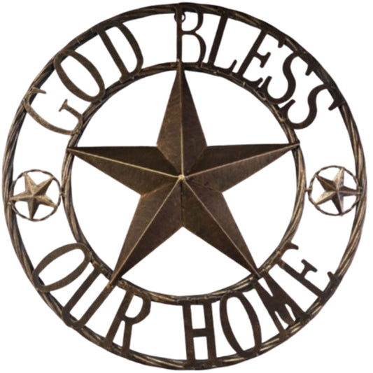GOD BLESS OUR HOME BARN STAR METAL LONE STAR TWISTED ROPE RING RUSTIC BRONZE WESTERN HOME DECOR HANDMADE #EH12955