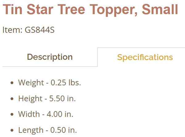 TIN STAR TREE TOPPER SMALL 5.5" CHRISTMAS ORNAMENTS WESTERN HOME DECOR NEW #EH13183