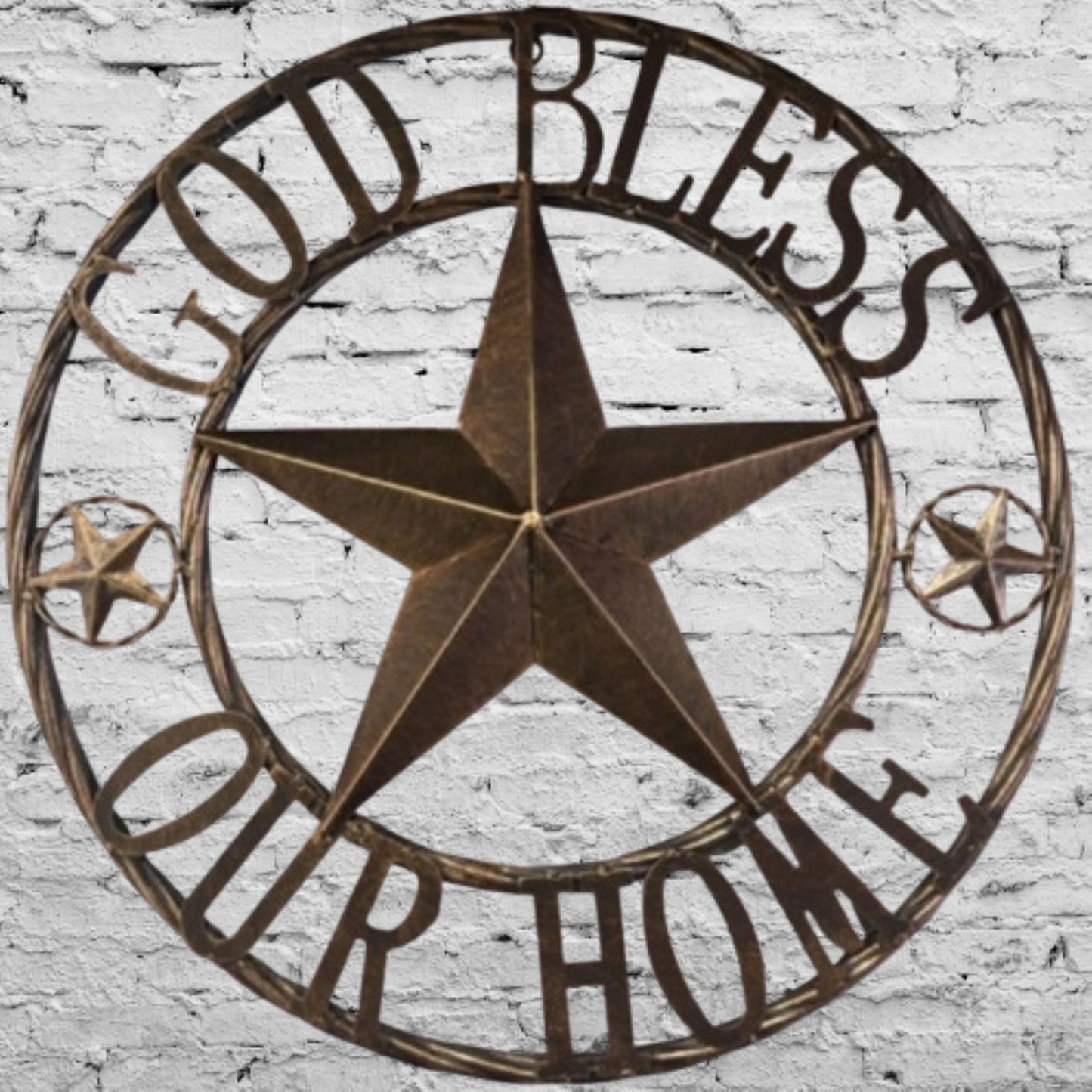 GOD BLESS OUR HOME BARN STAR METAL LONE STAR TWISTED ROPE RING RUSTIC BRONZE WESTERN HOME DECOR HANDMADE #EH12955