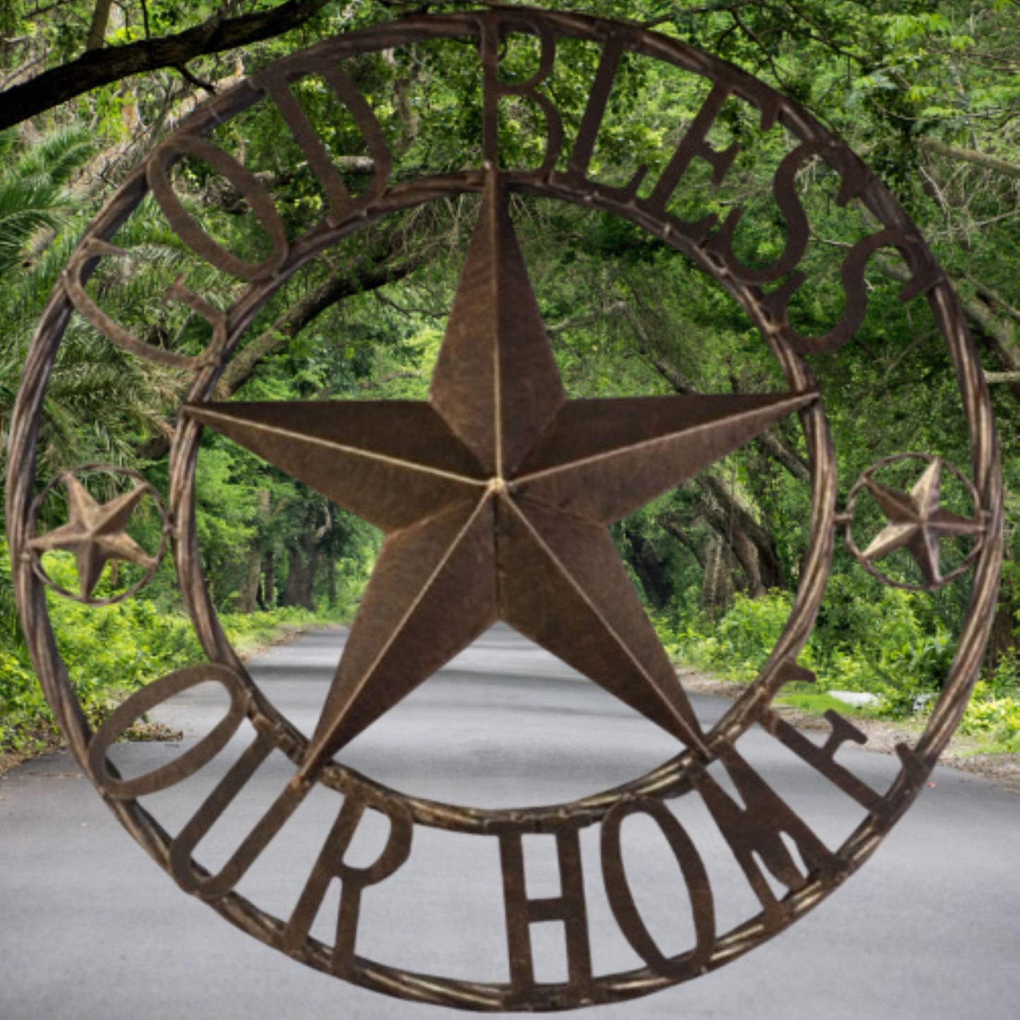 GOD BLESS OUR HOME BARN STAR METAL LONE STAR TWISTED ROPE RING RUSTIC BRONZE WESTERN HOME DECOR HANDMADE #EH12955