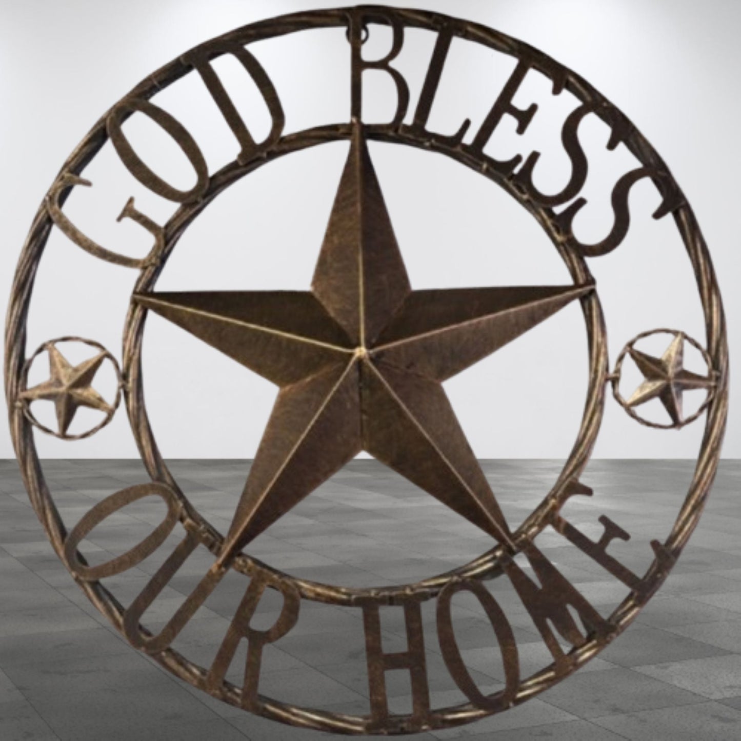 GOD BLESS OUR HOME BARN STAR METAL LONE STAR TWISTED ROPE RING RUSTIC BRONZE WESTERN HOME DECOR HANDMADE #EH12955