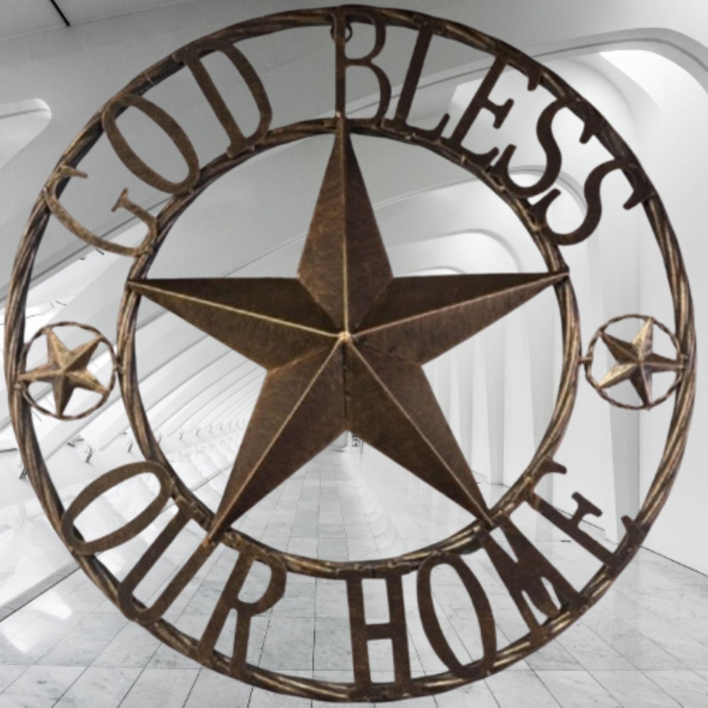 GOD BLESS OUR HOME BARN STAR METAL LONE STAR TWISTED ROPE RING RUSTIC BRONZE WESTERN HOME DECOR HANDMADE #EH12955
