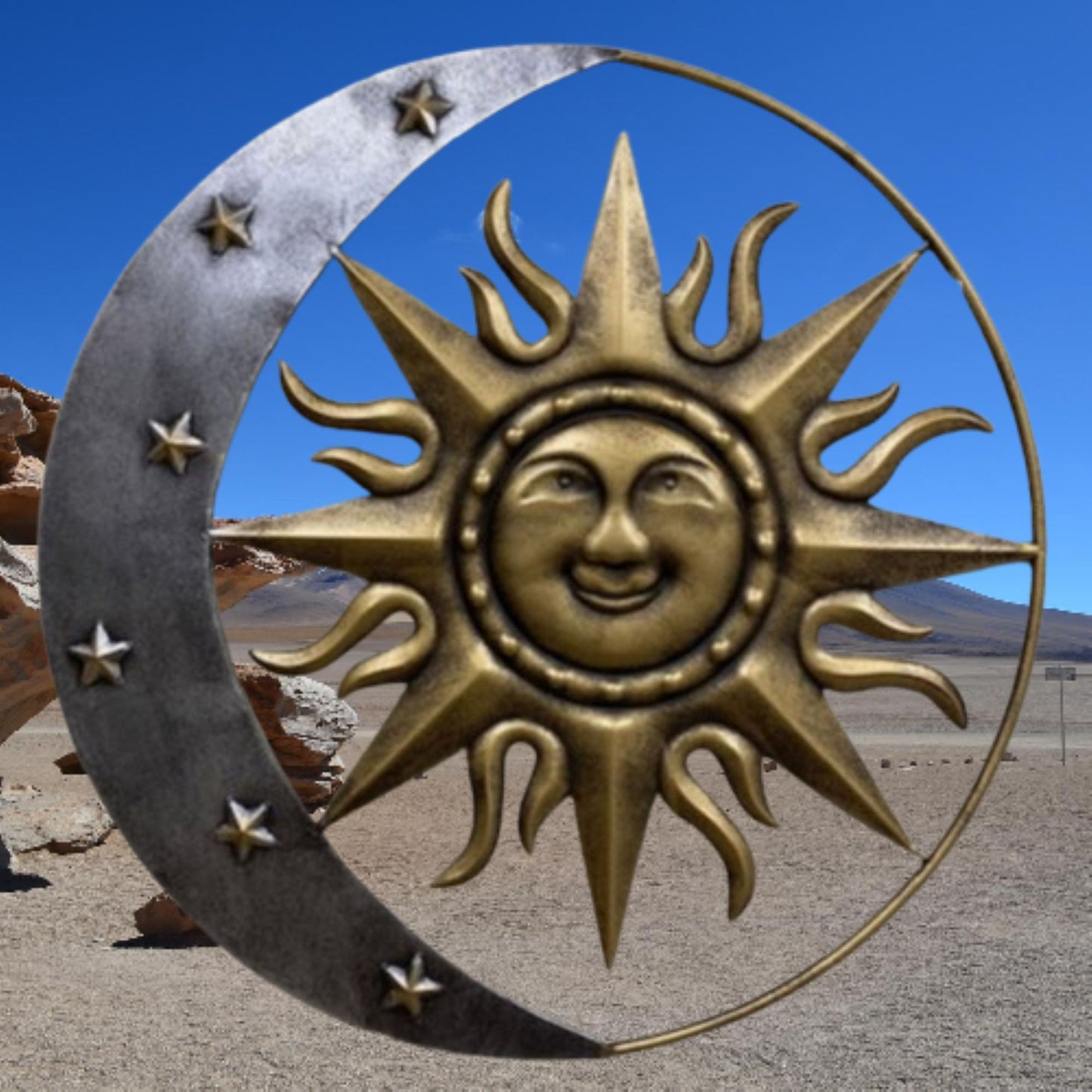 SUN MOON STARS 24" GOLD & SILVER METAL WALL SIGN WESTERN HOME DECOR HANDMADE NEW #EH12194