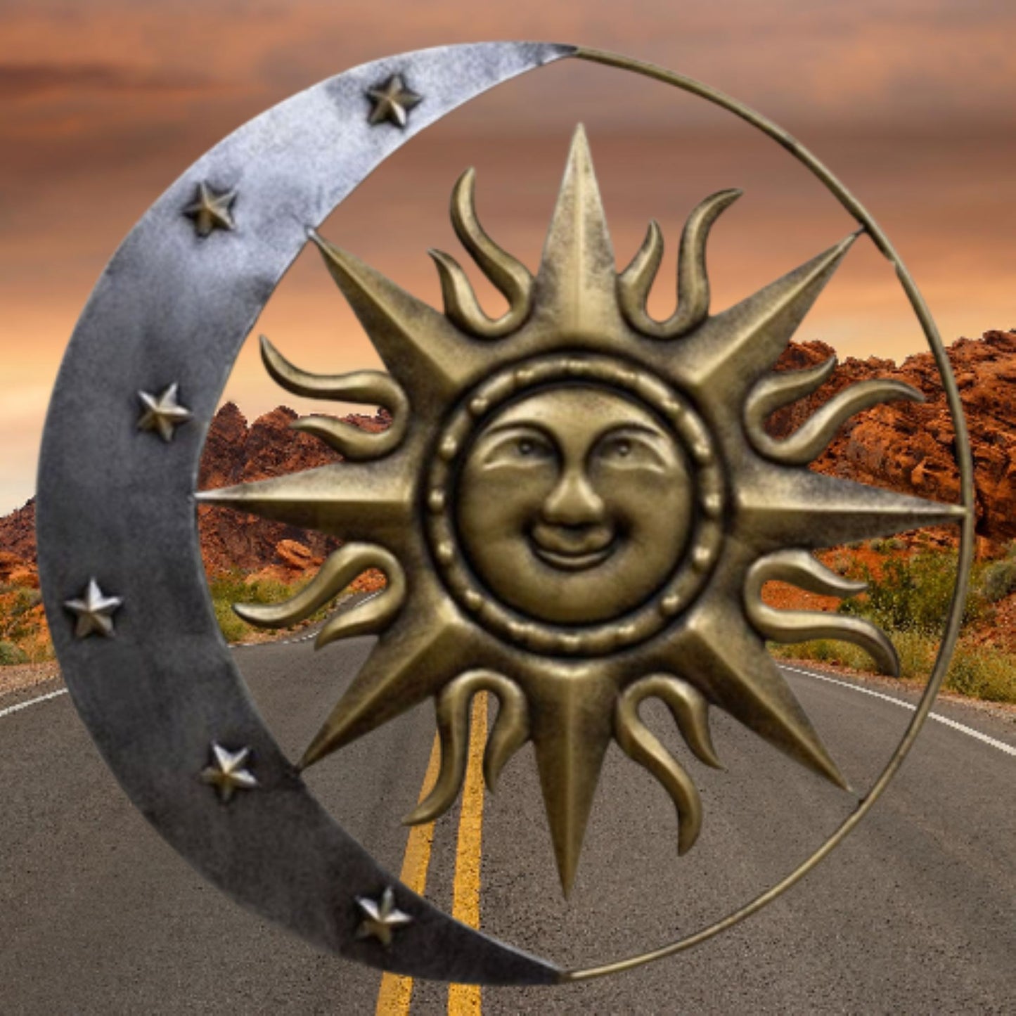 SUN MOON STARS 24" GOLD & SILVER METAL WALL SIGN WESTERN HOME DECOR HANDMADE NEW #EH12194
