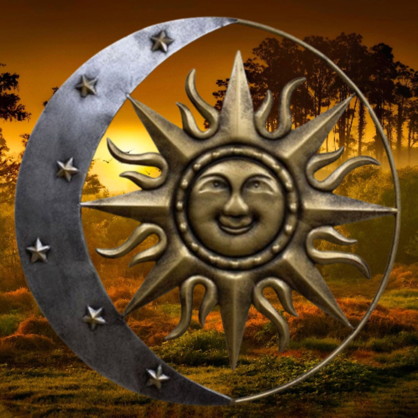 SUN MOON STARS 24" GOLD & SILVER METAL WALL SIGN WESTERN HOME DECOR HANDMADE NEW #EH12194