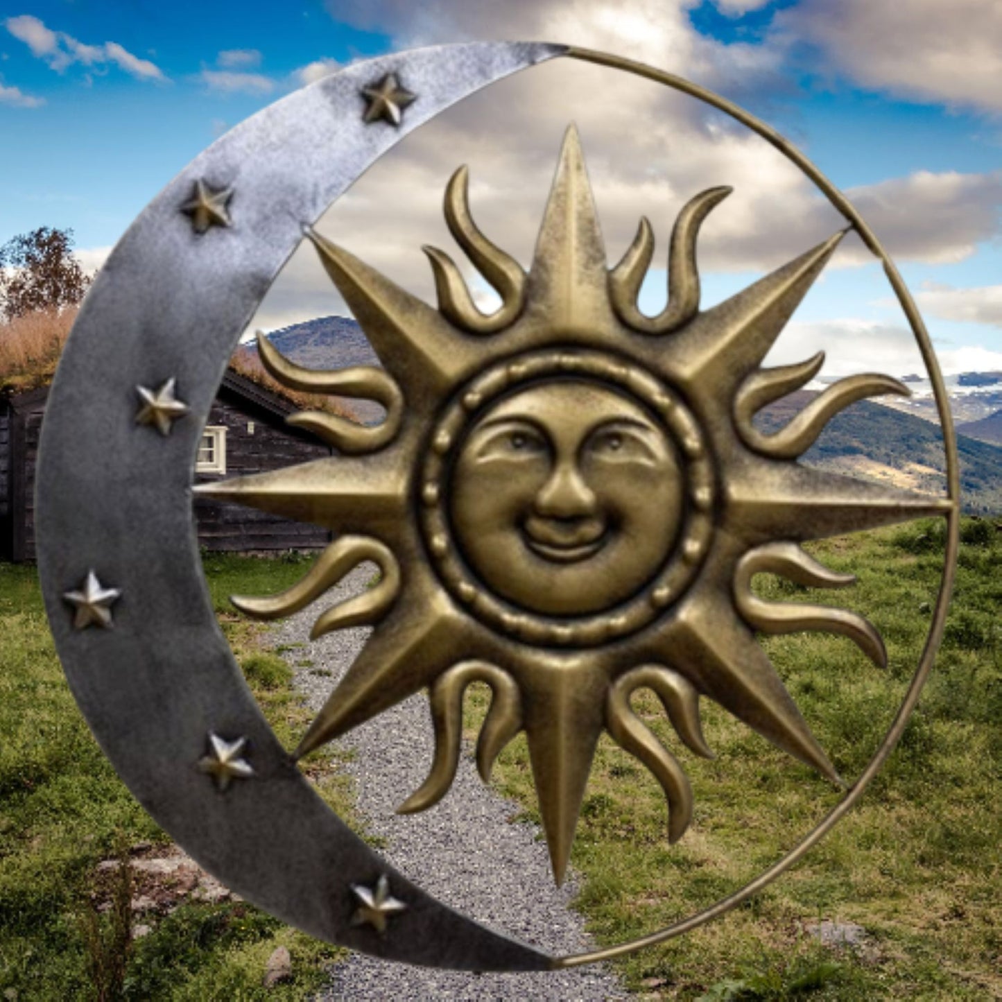 SUN MOON STARS 24" GOLD & SILVER METAL WALL SIGN WESTERN HOME DECOR HANDMADE NEW #EH12194