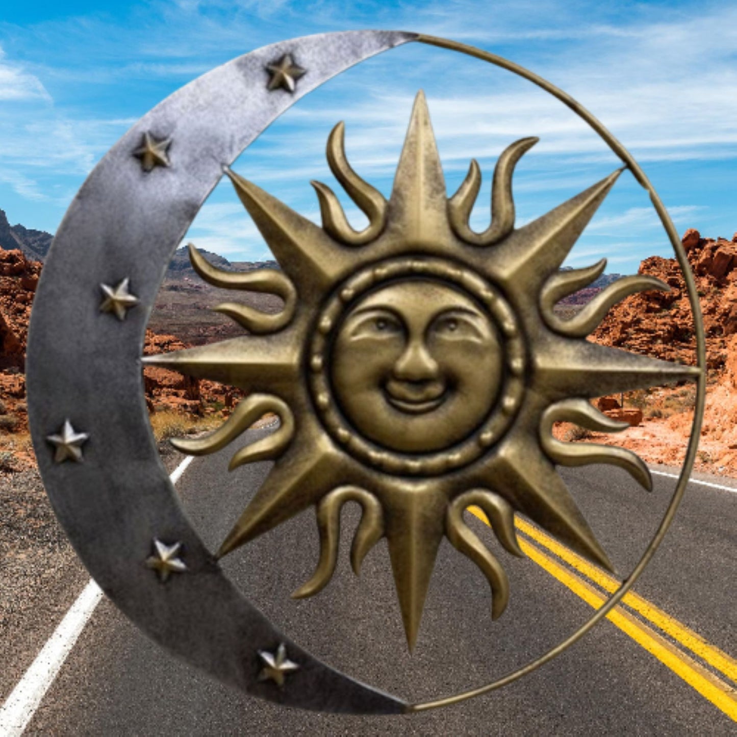 SUN MOON STARS 24" GOLD & SILVER METAL WALL SIGN WESTERN HOME DECOR HANDMADE NEW #EH12194