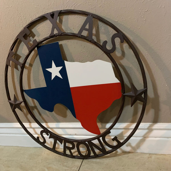 TEXAS STRONG METAL WALL SIGN ART WESTERN HOME DECOR RED WHITE BLUE WITH BROWN RING HANDMADE #EH11570