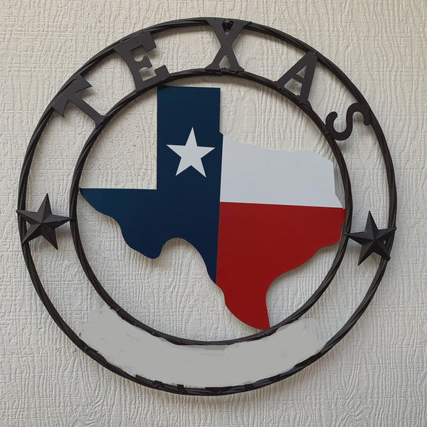 TEXAS STATE OF TEXAS MAP METAL WALL SIGN ART WESTERN HOME DECOR RED WHITE BLUE WITH BROWN RING HANDMADE #EH13214