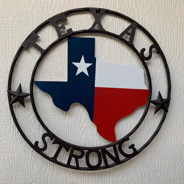 TEXAS STRONG METAL WALL SIGN ART WESTERN HOME DECOR RED WHITE BLUE WITH BROWN RING HANDMADE #EH11570