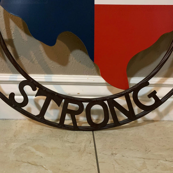 TEXAS STRONG METAL WALL SIGN ART WESTERN HOME DECOR RED WHITE BLUE WITH BROWN RING HANDMADE #EH11570