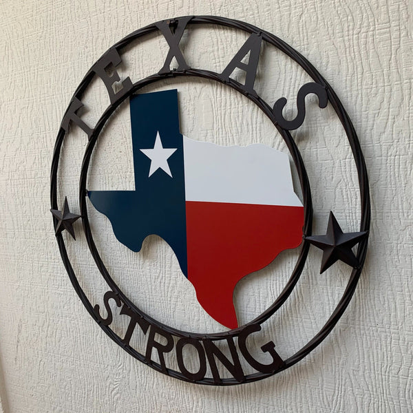 TEXAS STRONG METAL WALL SIGN ART WESTERN HOME DECOR RED WHITE BLUE WITH BROWN RING HANDMADE #EH11570