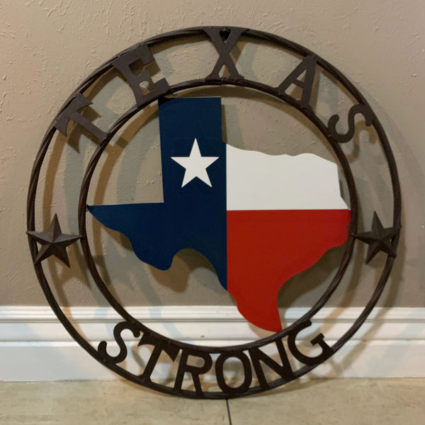 TEXAS STRONG METAL WALL SIGN ART WESTERN HOME DECOR RED WHITE BLUE WITH BROWN RING HANDMADE #EH11570