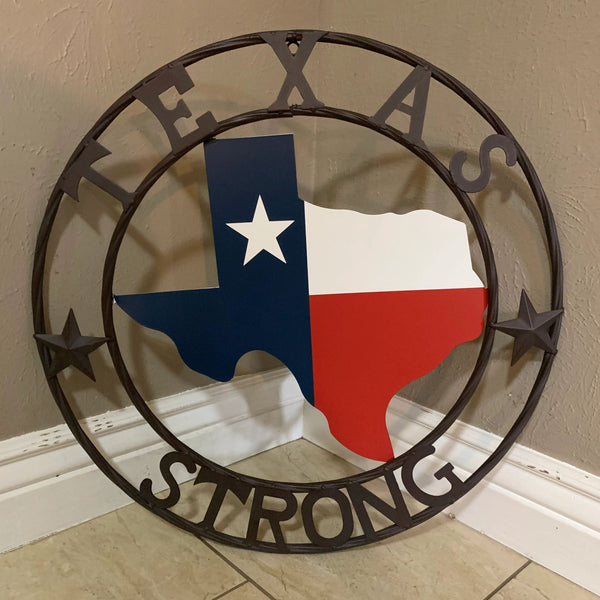 TEXAS STRONG METAL WALL SIGN ART WESTERN HOME DECOR RED WHITE BLUE WITH BROWN RING HANDMADE #EH11570