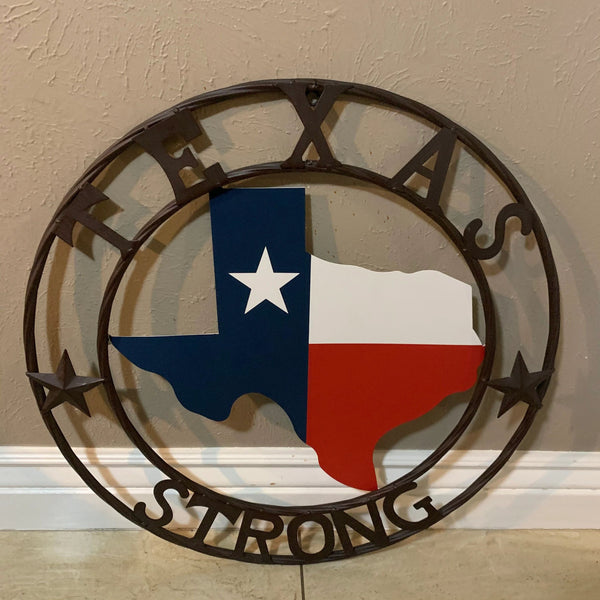 TEXAS STRONG METAL WALL SIGN ART WESTERN HOME DECOR RED WHITE BLUE WITH BROWN RING HANDMADE #EH11570