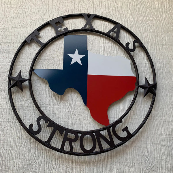 TEXAS STRONG METAL WALL SIGN ART WESTERN HOME DECOR RED WHITE BLUE WITH BROWN RING HANDMADE #EH11570