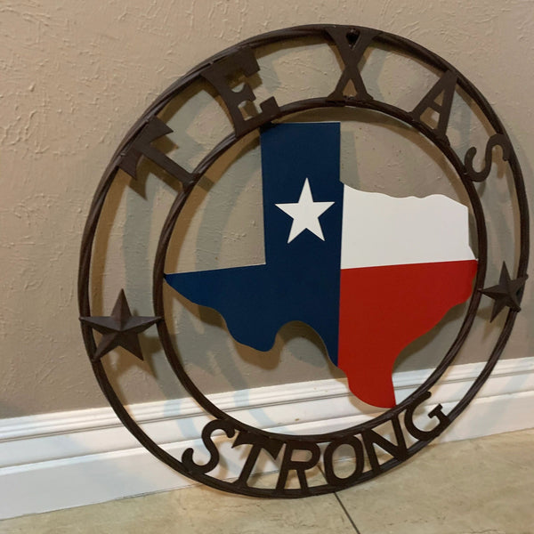 TEXAS STRONG METAL WALL SIGN ART WESTERN HOME DECOR RED WHITE BLUE WITH BROWN RING HANDMADE #EH11570