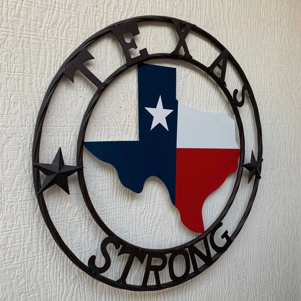 TEXAS STRONG METAL WALL SIGN ART WESTERN HOME DECOR RED WHITE BLUE WITH BROWN RING HANDMADE #EH11570