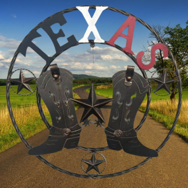 24" WELCOME TEXAS COWBOY COWGIRL BOOT METAL WALL DECOR WESTERN HOME DECOR RUSTIC RED WHITE BLUE NEW #EH12971
