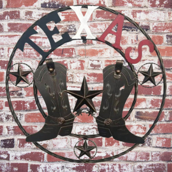 24" WELCOME TEXAS COWBOY COWGIRL BOOT METAL WALL DECOR WESTERN HOME DECOR RUSTIC RED WHITE BLUE NEW #EH12971