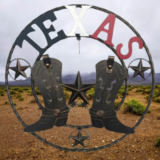 24" WELCOME TEXAS COWBOY COWGIRL BOOT METAL WALL DECOR WESTERN HOME DECOR RUSTIC RED WHITE BLUE NEW #EH12971