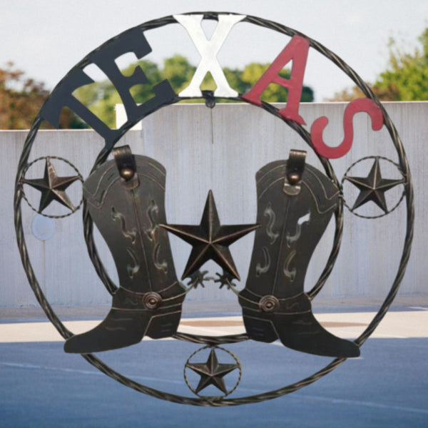 24" WELCOME TEXAS COWBOY COWGIRL BOOT METAL WALL DECOR WESTERN HOME DECOR RUSTIC RED WHITE BLUE NEW #EH12971