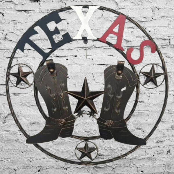 24" WELCOME TEXAS COWBOY COWGIRL BOOT METAL WALL DECOR WESTERN HOME DECOR RUSTIC RED WHITE BLUE NEW #EH12971