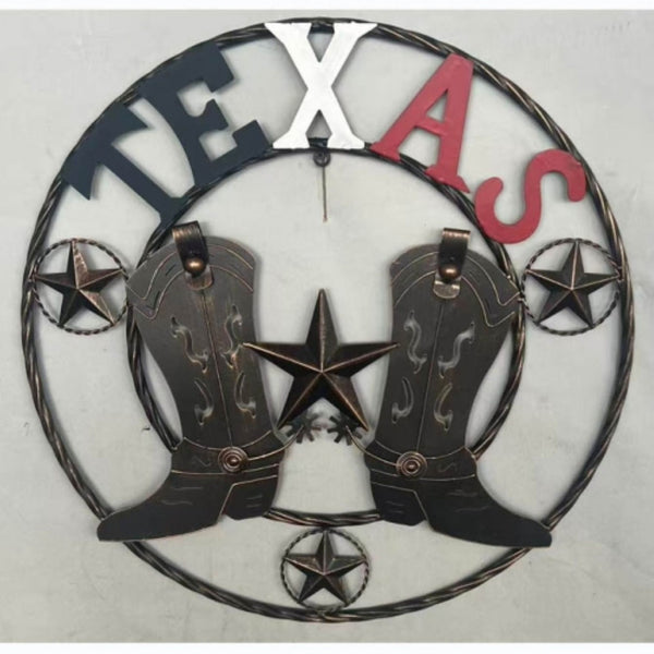24" WELCOME TEXAS COWBOY COWGIRL BOOT METAL WALL DECOR WESTERN HOME DECOR RUSTIC RED WHITE BLUE NEW #EH12971