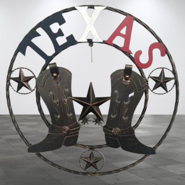 24" WELCOME TEXAS COWBOY COWGIRL BOOT METAL WALL DECOR WESTERN HOME DECOR RUSTIC RED WHITE BLUE NEW #EH12971