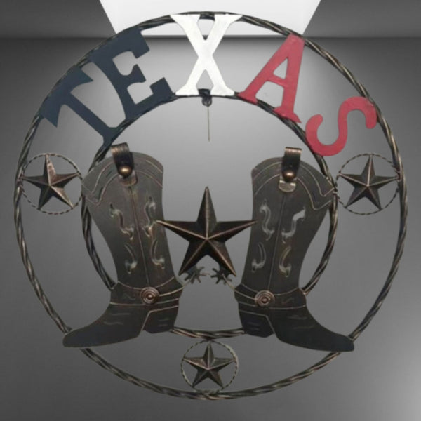 24" WELCOME TEXAS COWBOY COWGIRL BOOT METAL WALL DECOR WESTERN HOME DECOR RUSTIC RED WHITE BLUE NEW #EH12971