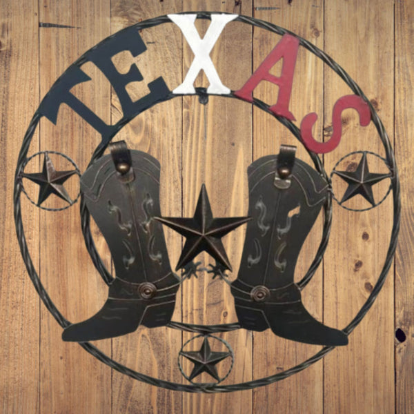 24" WELCOME TEXAS COWBOY COWGIRL BOOT METAL WALL DECOR WESTERN HOME DECOR RUSTIC RED WHITE BLUE NEW #EH12971