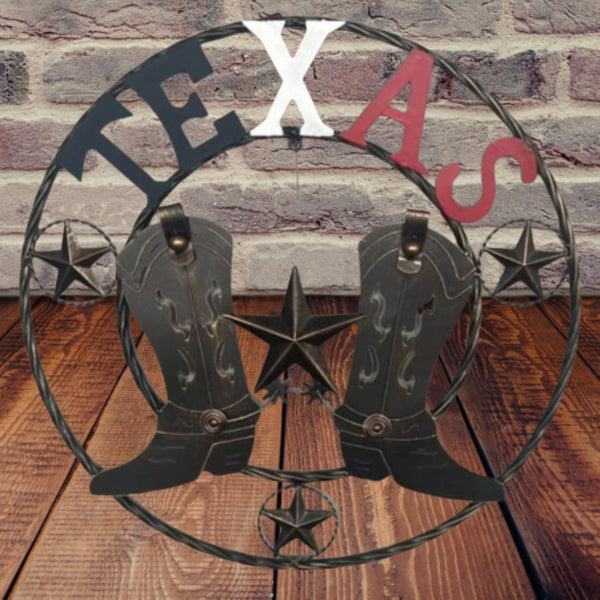 24" WELCOME TEXAS COWBOY COWGIRL BOOT METAL WALL DECOR WESTERN HOME DECOR RUSTIC RED WHITE BLUE NEW #EH12971
