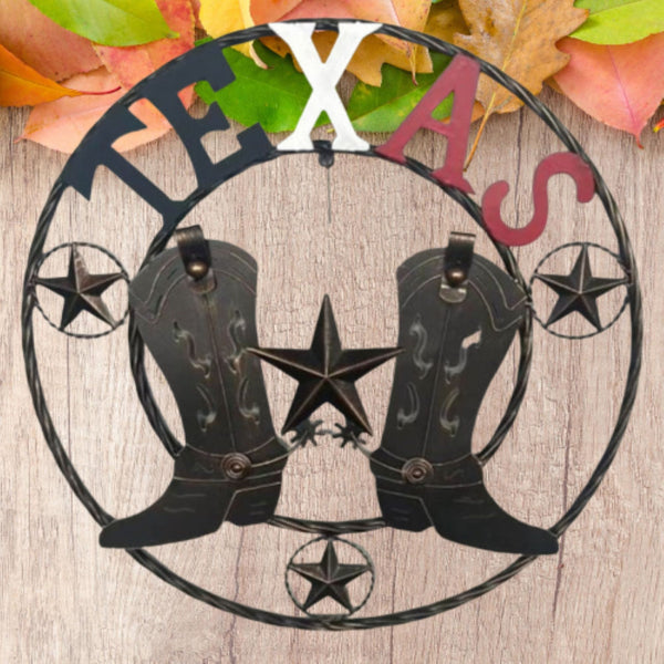 24" WELCOME TEXAS COWBOY COWGIRL BOOT METAL WALL DECOR WESTERN HOME DECOR RUSTIC RED WHITE BLUE NEW #EH12971