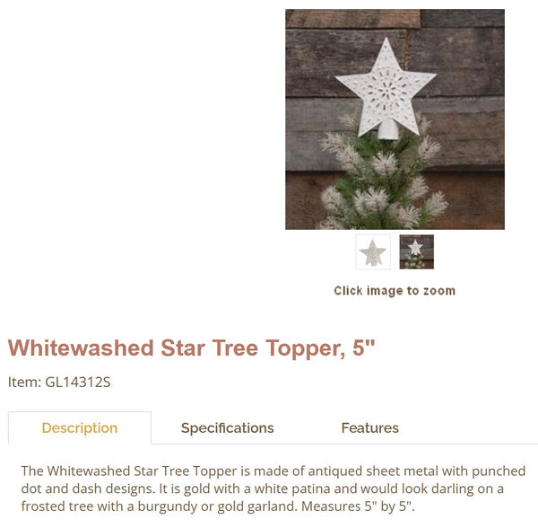 WHITEWASHED STAR TREE TOPPER 5" CHRISTMAS ORNAMENTS WESTERN HOME DECOR NEW #EH13185