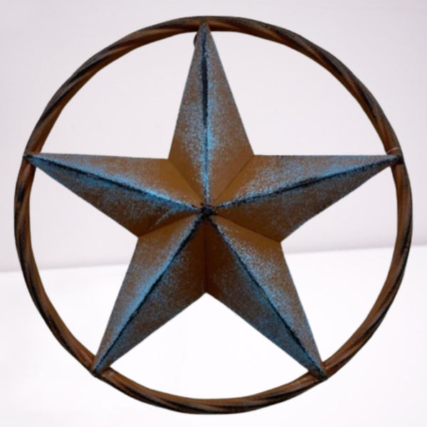 16",12" TURQUOISE DISTRESSED BARN METAL LONE STAR TWISTED ROPE RING WESTERN HOME DECOR HANDMADE NEW #EH12943