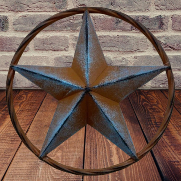 16",12" TURQUOISE DISTRESSED BARN METAL LONE STAR TWISTED ROPE RING WESTERN HOME DECOR HANDMADE NEW #EH12943