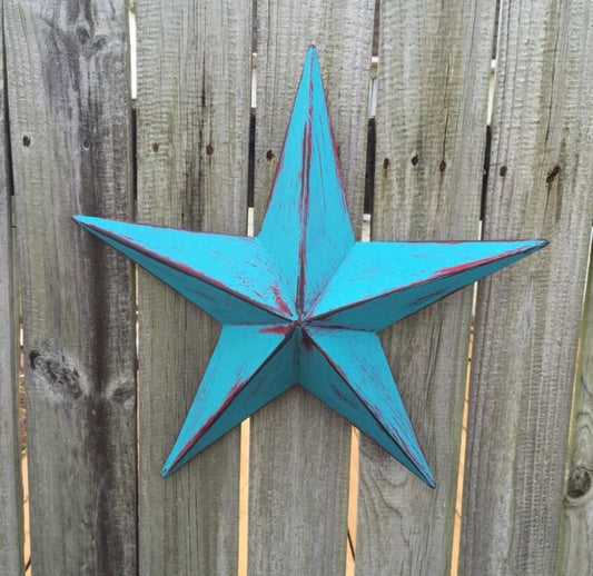 #EH10540 TURQUOISE DISTRESSED TWO TONE BARN STAR METAL ART WESTERN HOME DECOR HANDMADE NEW