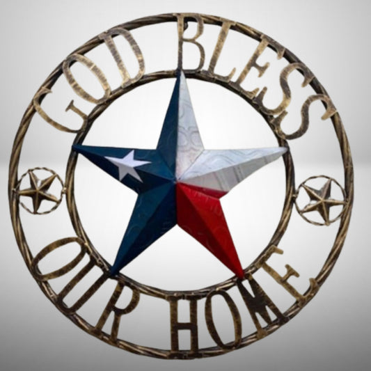 GOD BLESS OUR HOME TX LICENSE PLATE BARN STAR METAL FLAG LONE STAR RED #EH12937