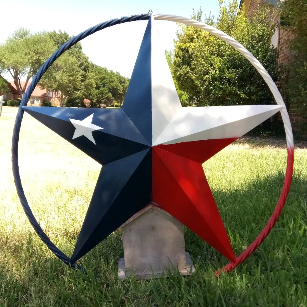 48" TEXAS FLAG STAR BARN LONESTAR WITH LARGE TWISTED ROPE RING METAL VINTAGE RUSTIC ART #EH13557