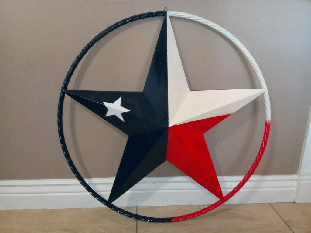 48" TEXAS FLAG STAR BARN LONESTAR WITH LARGE TWISTED ROPE RING METAL VINTAGE RUSTIC ART #EH13557