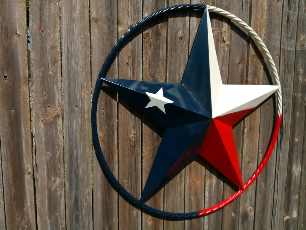 48" TEXAS FLAG STAR BARN LONESTAR WITH LARGE TWISTED ROPE RING METAL VINTAGE RUSTIC ART #EH13557