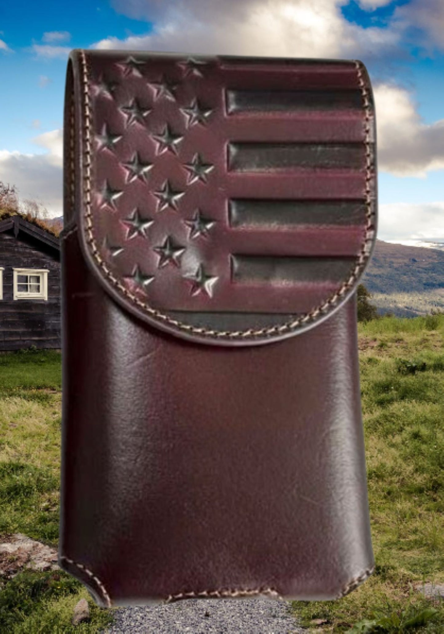 7" USA FLAG LEATHER PHONE HOLSTER POUCH COFFEE EXTRA LARGE  BELT LOOP HOLSTER CELL PHONE CASE UNIVERSAL OVERSIZE #EH13719