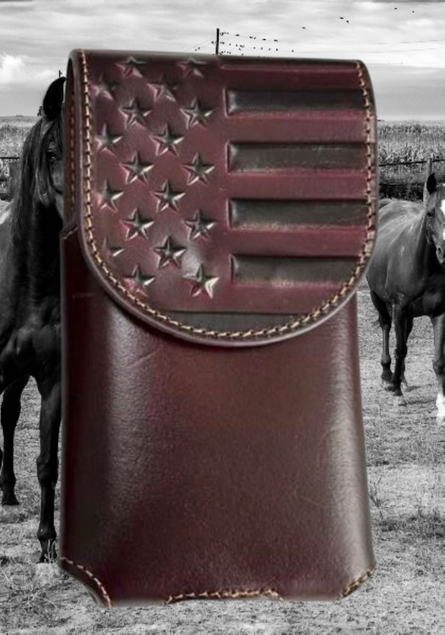 7" USA FLAG LEATHER HOLSTER POUCH BLACK EXTRA LARGE  BELT LOOP CELL PHONE CASE UNIVERSAL OVERSIZE #EH13718