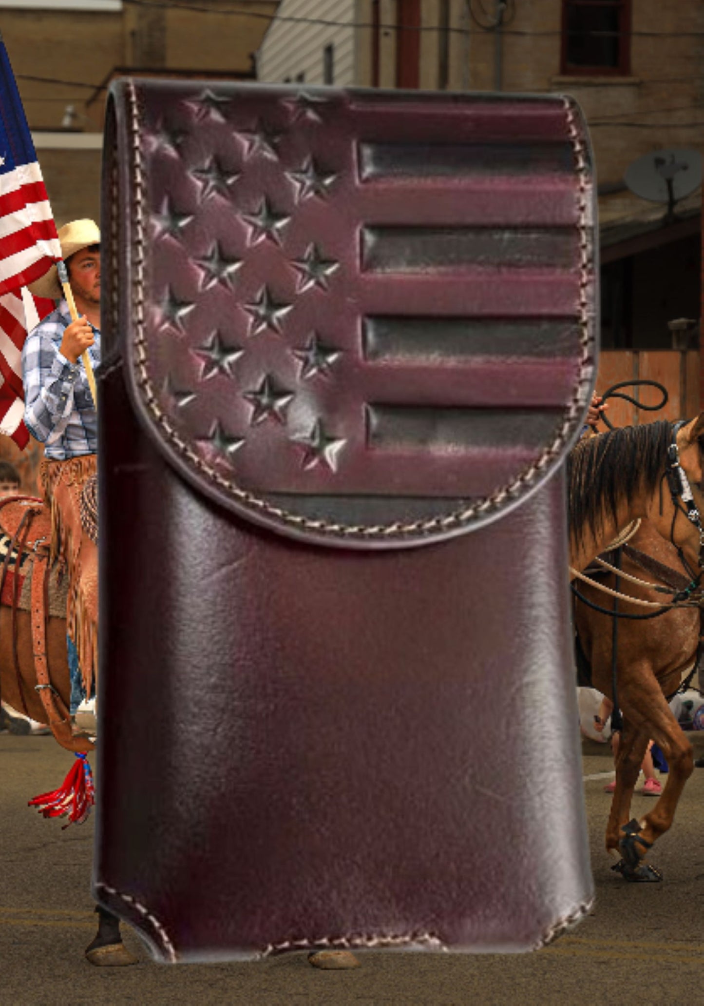 7" USA FLAG LEATHER PHONE HOLSTER POUCH COFFEE EXTRA LARGE  BELT LOOP HOLSTER CELL PHONE CASE UNIVERSAL OVERSIZE #EH13719