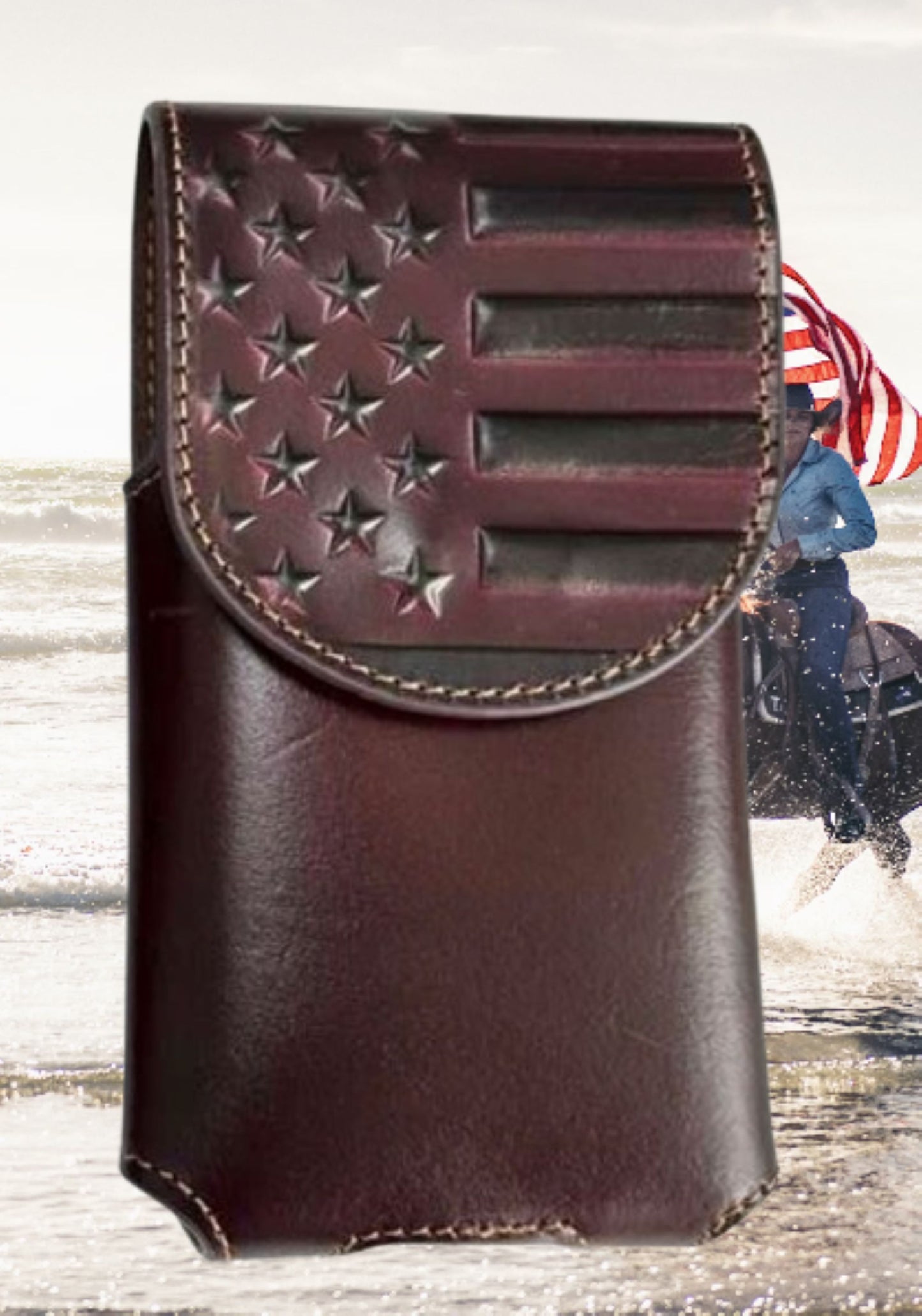 7" USA FLAG LEATHER PHONE HOLSTER POUCH COFFEE EXTRA LARGE  BELT LOOP HOLSTER CELL PHONE CASE UNIVERSAL OVERSIZE #EH13719