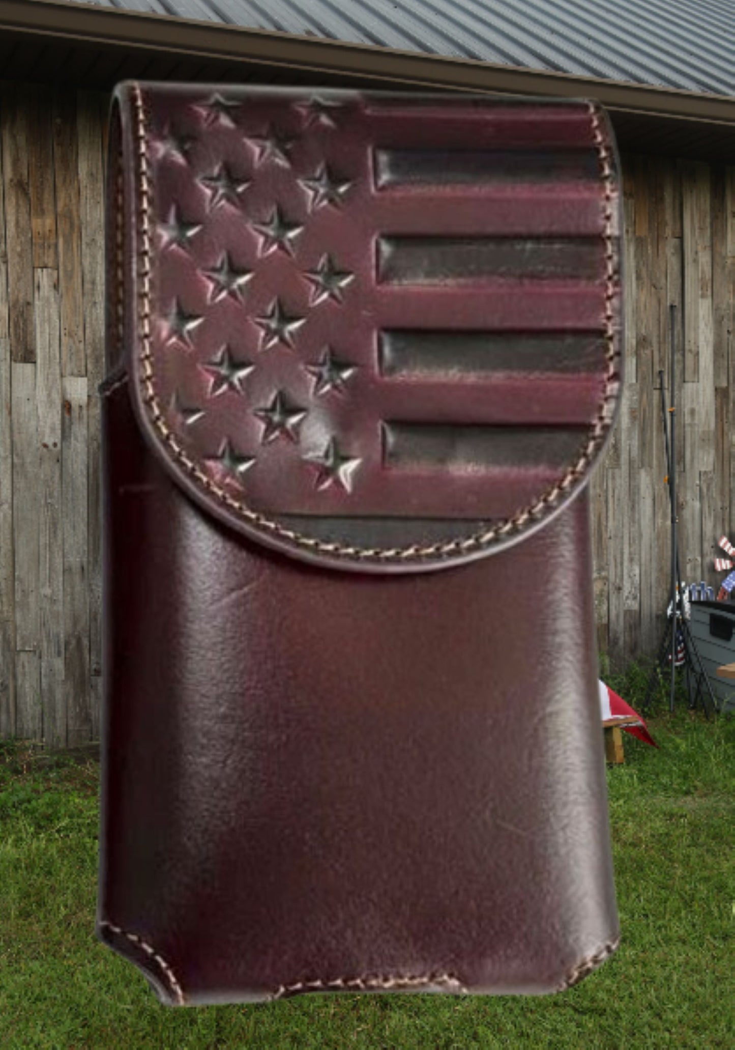 7" USA FLAG LEATHER HOLSTER POUCH BLACK EXTRA LARGE  BELT LOOP CELL PHONE CASE UNIVERSAL OVERSIZE #EH13718