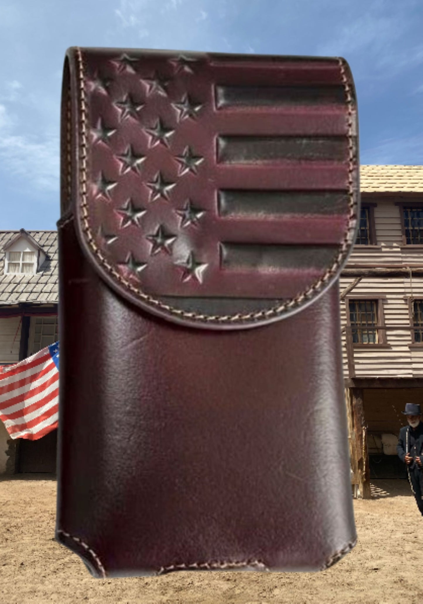7" USA FLAG LEATHER PHONE HOLSTER POUCH COFFEE EXTRA LARGE  BELT LOOP HOLSTER CELL PHONE CASE UNIVERSAL OVERSIZE #EH13719