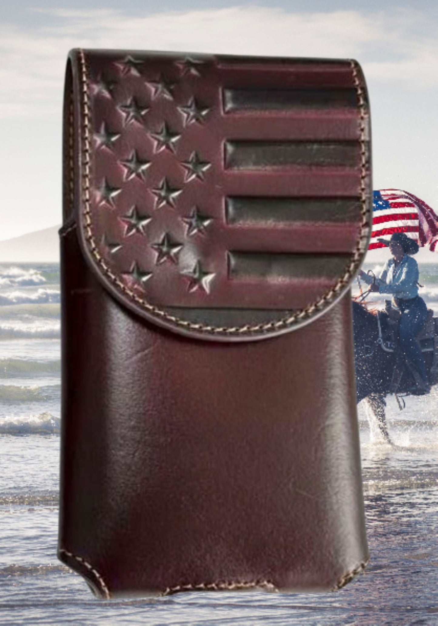 7" USA FLAG LEATHER HOLSTER POUCH BLACK EXTRA LARGE  BELT LOOP CELL PHONE CASE UNIVERSAL OVERSIZE #EH13718