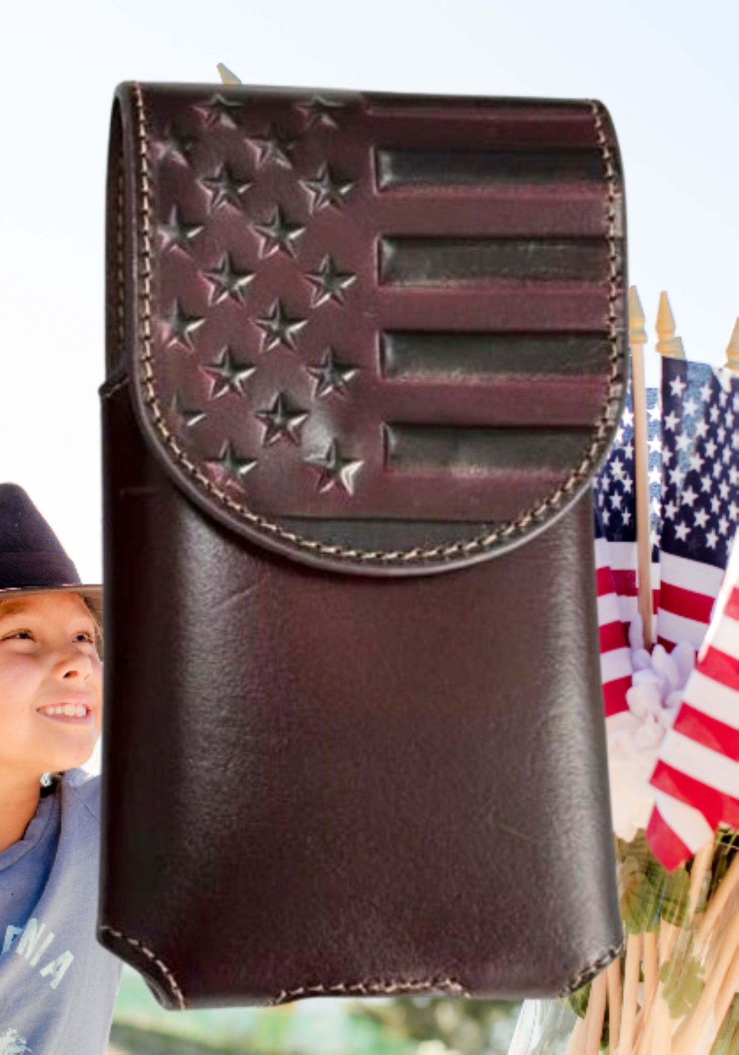 7" USA FLAG LEATHER PHONE HOLSTER POUCH COFFEE EXTRA LARGE  BELT LOOP HOLSTER CELL PHONE CASE UNIVERSAL OVERSIZE #EH13719