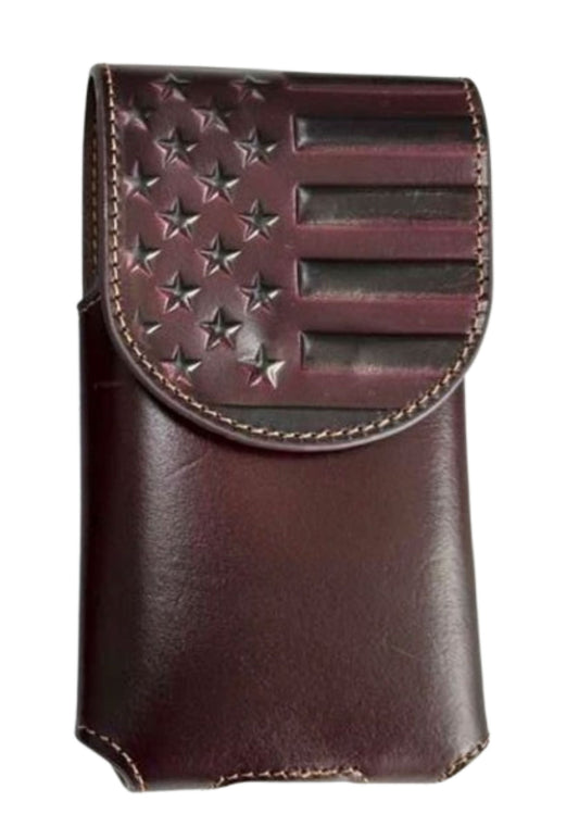 7" USA FLAG LEATHER PHONE HOLSTER POUCH COFFEE EXTRA LARGE  BELT LOOP HOLSTER CELL PHONE CASE UNIVERSAL OVERSIZE #EH13719